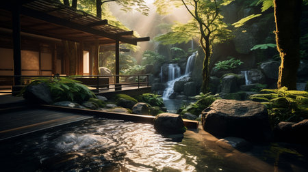 3D rendering of a Japanese garden with a waterfall in the backgroundの素材