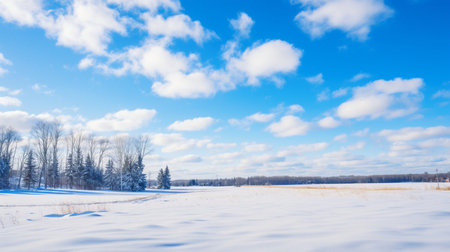 beautiful winter landscape with snow-covered field and blue sky with cloudsの素材