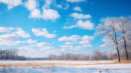 Beautiful winter landscape with snow covered trees and blue cloudy sky.の素材