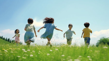 Group of happy children running in the meadow with blue sky on backgroundの素材