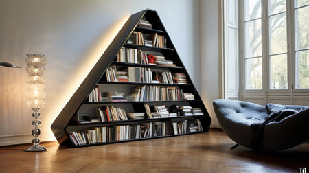 Interior of a modern living room with bookshelf and armchairの素材