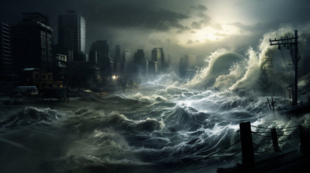 Surface of the stormy sea at night. 3D renderingの素材