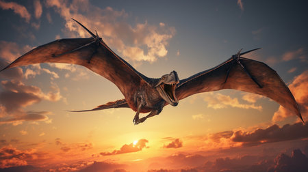 Fantasy dragon flying in the sky at sunset. 3d illustrationの素材