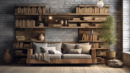 3d render interior of living room with wooden bookshelf.の素材