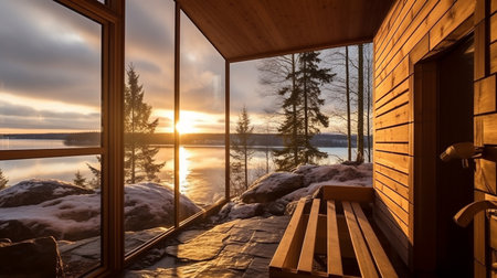 Sunset in the interior of a wooden house with a view of the lakeの素材