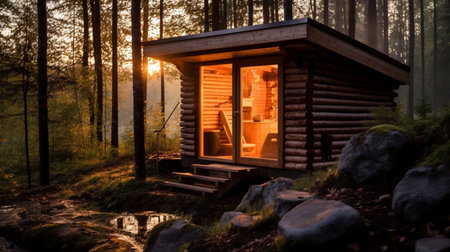 Wooden house in the forest at sunset. Wooden house in the forest.の素材