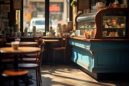 Coffee shop with tables and chairs in the morning light.の素材