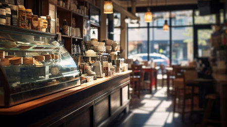 Coffee shop interior with tables and chairs, shallow depth of fieldの素材