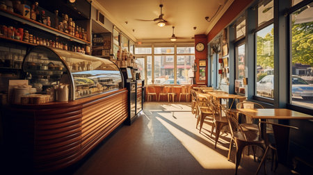 Cafe interior with tables and chairs. Retro style toned pictureの素材