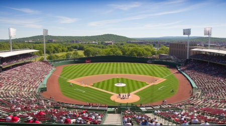 Baseball field with players and fans during a game in the springの素材