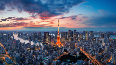 Tokyo skyline at sunset, Japan. Tokyo is the capital of Japan.の素材
