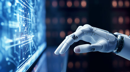 Robot hand touching hologram screen 3d rendering on blurred backgroundの素材