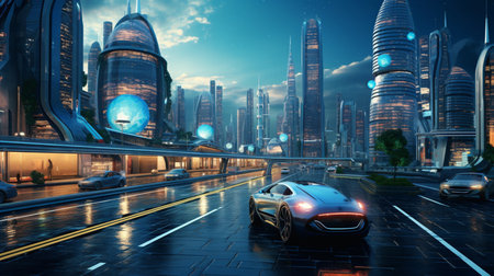 Car on the road with the city in the background. 3d renderingの素材