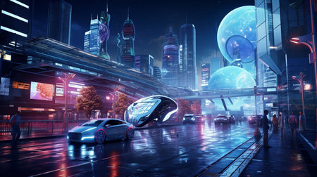 Car on the road and modern city at night. 3d renderingの素材
