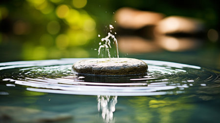 Water drop on stone in the garden with green blurred background and copy spaceの素材