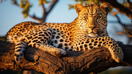 Leopard lying on a tree in the Okavango Delta, Botswana.の素材
