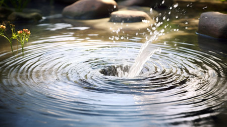 Water drop splashing in a garden pond, closeup of photoの素材