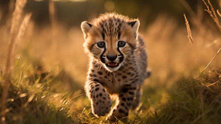 Cheetah cub running in the grass, Maasai Mara National Park, Kenyaの素材