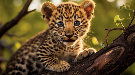 Little leopard cub sitting on a branch in the Kruger National Park, South Africa.の素材