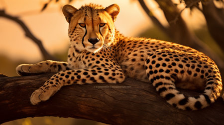 Cheetah lying on a tree in the sunset light. Namibiaの素材