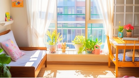 Interior of a child's room with a large window and flowersの素材