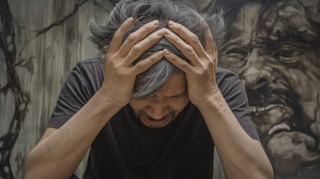 Asian man suffering from headache, migraine and depression. Close up portrait of stressed and stressed man suffering from headache, migraine and depression. Mental health conceptの素材