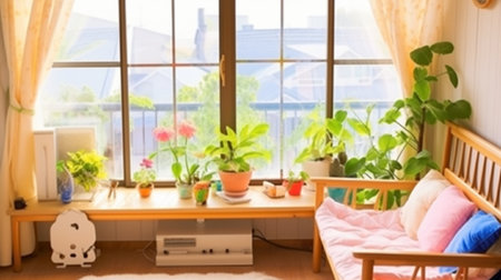Blurred image of cozy kid room interior with furniture and plants.の素材