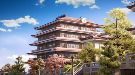 Japanese-style building with blue sky and white clouds. Abstract background.の素材