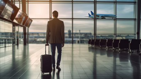 Back view of businessman with suitcase and airplane in airport terminal. Mixed mediaの素材