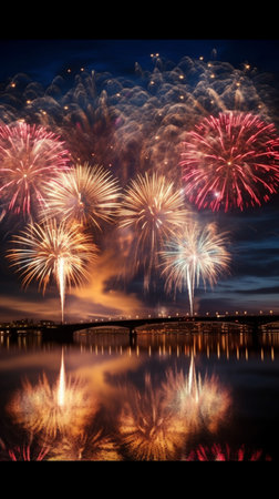 Colorful fireworks of various colors over night sky with reflection on waterの素材