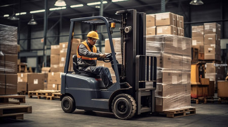 Worker driving forklift in warehouse. This is a freight transportation and distribution warehouse. Industrial and industrial workers conceptの素材