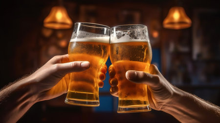 Close-up of two male hands clinking beer glasses in pubの素材