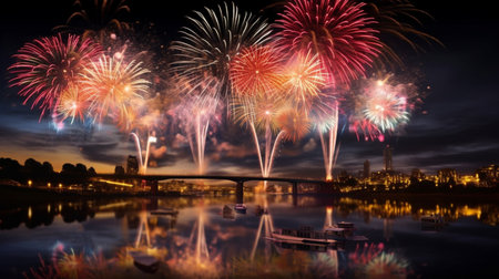 Colorful fireworks of various colors over the city and river at nightの素材