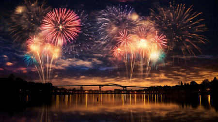 Colorful fireworks of various colors over night sky with reflection on waterの素材