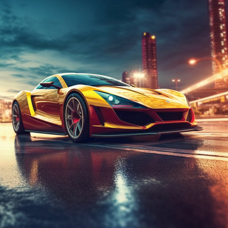 3D rendering of a brand-less generic concept car in the cityの素材