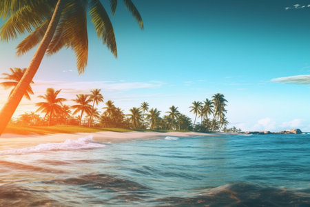Tropical beach with palm trees and blue sky at sunset.の素材