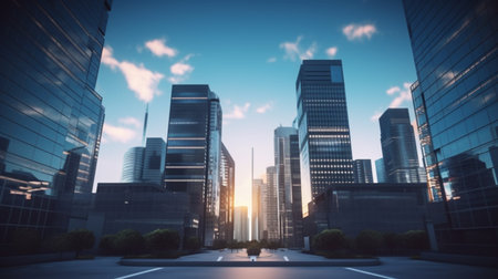 Cityscape with modern skyscrapers at sunset. 3d renderingの素材