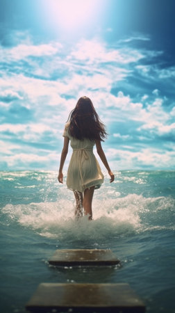 Young woman walking on pier in sea water and splashing waves.の素材