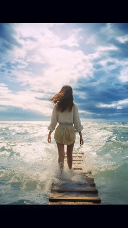 Young woman standing on the pier and looking at the sea. Freedom conceptの素材