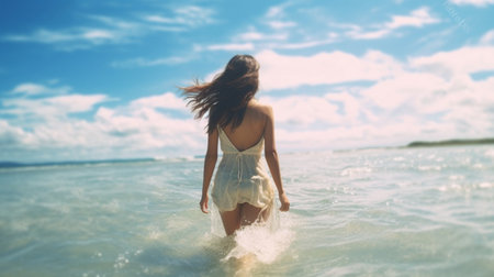 Young woman in white dress walking in sea water on sunny day.の素材