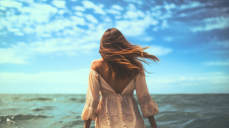Young woman in white dress on the background of the sea and skyの素材