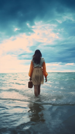 Young asian woman walking in the sea at sunset time. Vintage tone.の素材