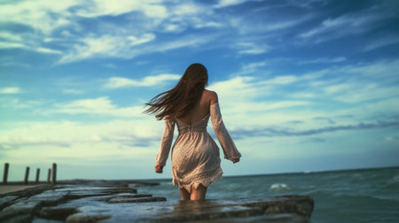 Beautiful young woman in a white dress running on the beach.の素材