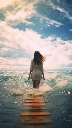 Young woman with long hair walking in the sea on a sunny dayの素材