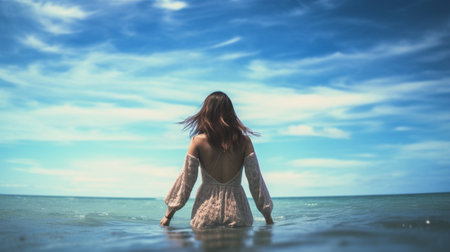 Young woman walking in the sea on a background of blue sky.の素材