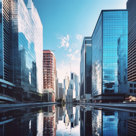 New York City skyscrapers with reflection in water, USA.の素材