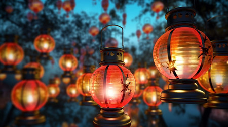 lanterns on the street in the night. 3d renderingの素材