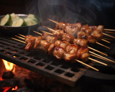 Grilled chicken skewers on a barbecue grill, close-upの素材