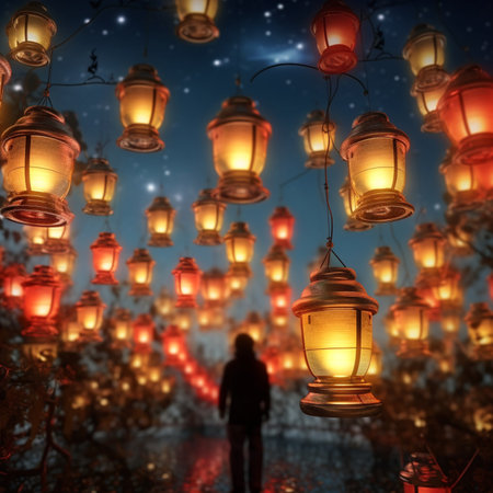 Lanterns hanging on the ceiling in the night sky.の素材