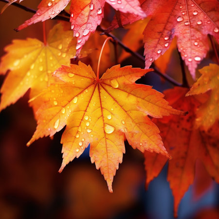 Autumn maple leaves with water drops. Selective focus and shallow depth of field.の素材